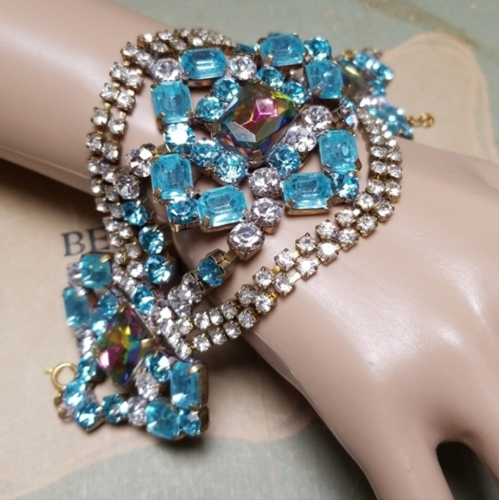 Vintage Large Runway Style Blue Sparkling Czech Crystal Gold Bracelet